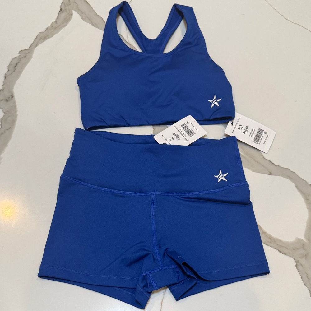 NWT Rebel Athletic Royal Blue Athletic Sports Bra XS & High-Waist Shorts Set S